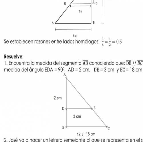 Encuentra la medida del segmento AB conociendo que : DE//BC medida del ángulo EDA=90 grados ,AD=2cm