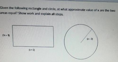 Given the following rectangle and circle, at what approximate value of x are the two areas equal? S