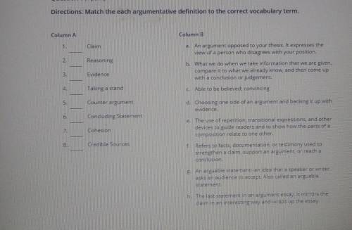 PLEASE HELP

Directions: Match the each argumentative definition to the correct vocabulary te