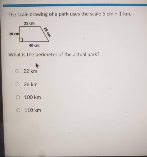 The scale drawing of a park uses the scale 5 cm= 1 km. what is the perimeter of the actual park?