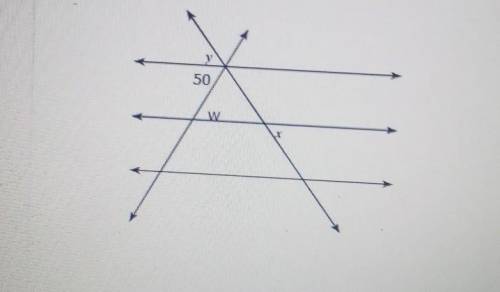 If the value of y is 55 degrees, what is the value of w if the 3 horizontal lines are parallel?