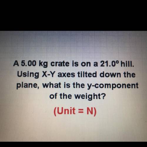 A 5.00 kg crate is on a 21.0° hill.

Using X-Y axes tilted down the
plane, what is the y-component
