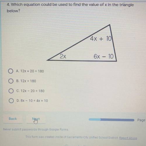 Which equation could be used to find the value of x in the triangle below ?