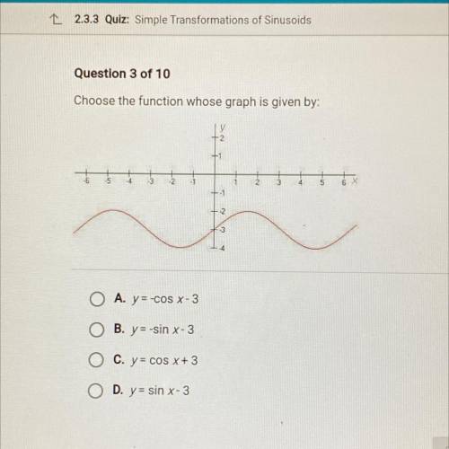 Question 3 of 10

Choose the function whose graph is given by:
A. y = -cos X-3
B. y = -sin x-3
C.
