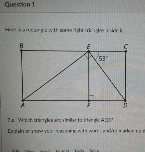 Here is a rectangle with some right triangles inside it. Which triangles are similar to triangle AE