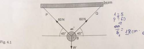 8. Fig. 4.1 shows a heavy ball B of weight W suspended from a fixed beam by two ropes P and Q.

P