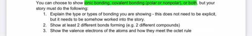 Bonding Story Mini Project

You can choose to show ionic bonding, covalent bonding (polar or nonp