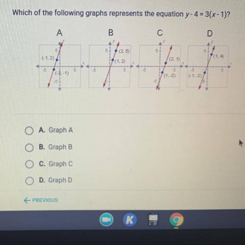 Which of the following graphs represents the equation y- 4 =3(x-1)

A. Graph A.
B. Graph B
C. Grap