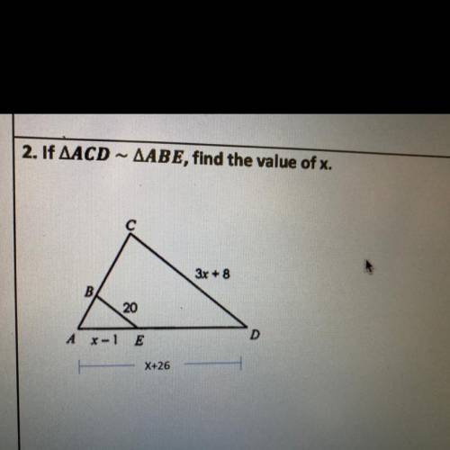 2. If AACD
AABE, find the value of x.
3x + 8
B
20
A X-1 E
D
X+26
