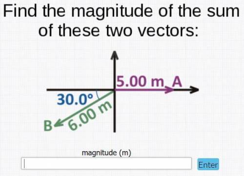 Find the magnitude of the sum of these two vectors: 5.00m A, 30.0°, 6.00m B