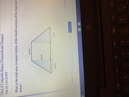 What is the total area, in square inches, of the shaded section of the trapezoid below?