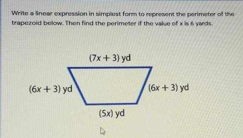 Write a linear expression in simplest form to represent the perimeter of the trapezoid below. Then