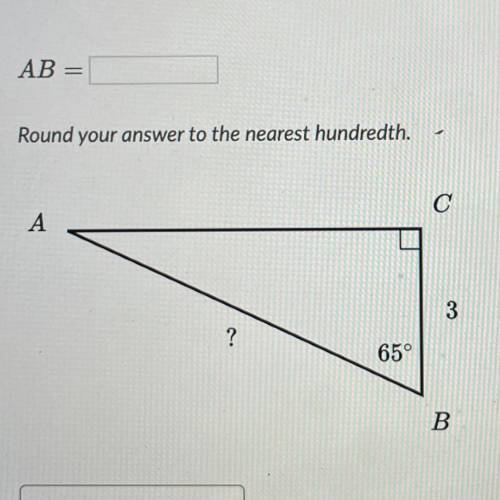 AB=
Round your answer to the nearest hundredth.
С
A
3
?
65°
B