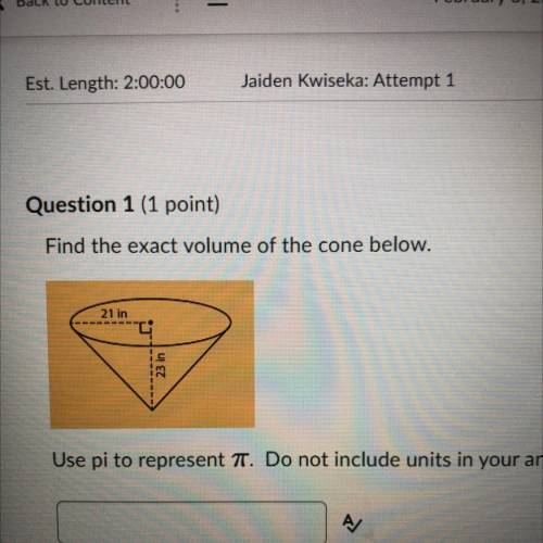 Find the exact volume of the cone below.