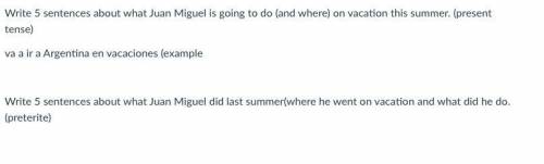 Write 5 sentences about what Juan Miguel is going to do (and where) on vacation this summer. (prese