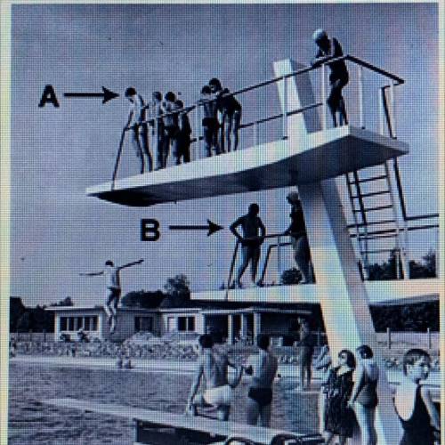 Look at divers A and B in the picture at left. Which diver had to put the most effort into climbing