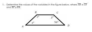 Determine the values of the variables in the figure below, where AB ≅ CD and BC || DA