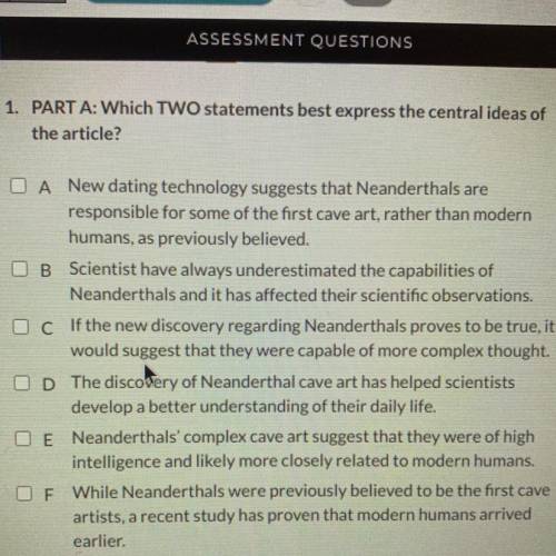 1. PART A: Which TWO statements best express the central ideas of

the article?
O A New dating tec