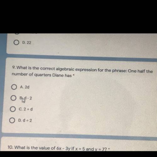 What is the correct algebra expression for the phrase: one half the number of quarters Diane have