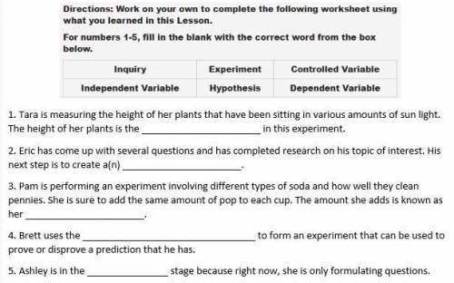 50 Points, It is about Inquiry, Experiment, Controlled Variable, Independent Variable, Hypothesis,