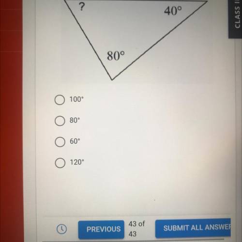 Find the degree measure of the indicated angle.
?
40°
80°