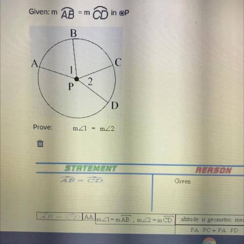 Given m AB = m CD in o P
Prove m< 1 = m<2