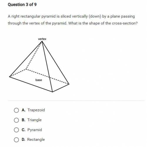 Please help me.

A right rectangular pyramid is sliced vertically (down) by a plane passing throug