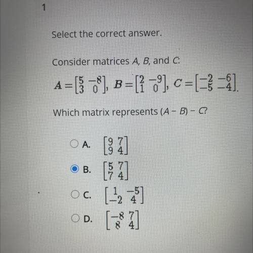Please help!
Consider matrices A, B, and C.
Which matrix represents (A-B)-C?