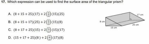 Which expression can be used to find the total surface area of the triangular prism?