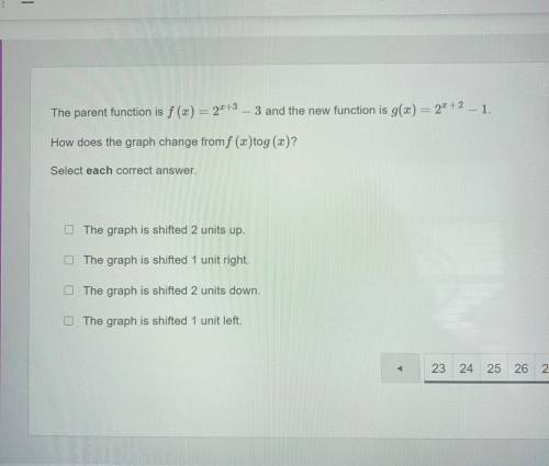The parent function is f (x) = 2*13 - 3 and the new function is g(x) = 2.0 + 2

1.
How does the gr