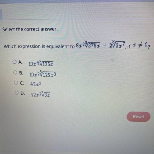 Which expression is equivalent to 8x^2^3 sqrt. 375x+2^3 sqrt. 3x^7, if x≠0?