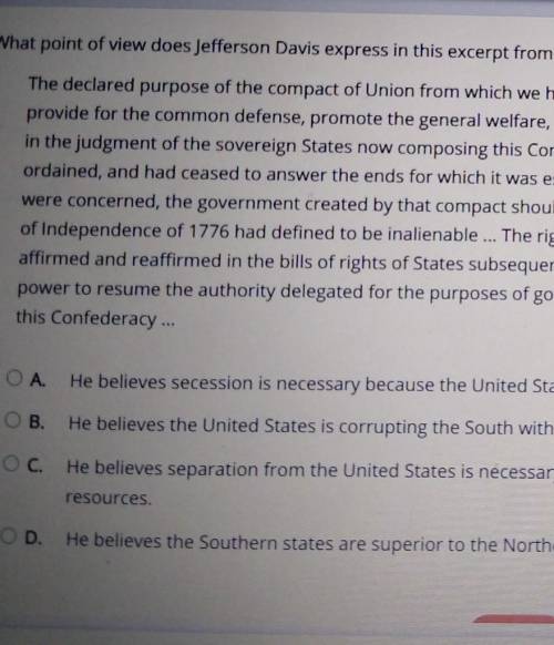 Select the correct answer. What point of view does Jefferson Davis express in this excerpt from his