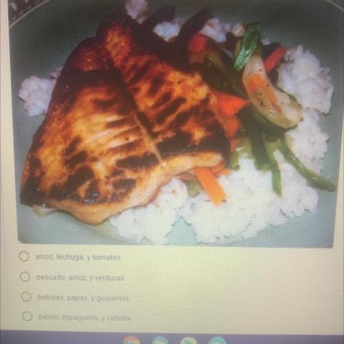 ¿Qué comidas hay en la foto?

arroz, lechuga, y tomates
pescado, arroz, y verduras
bebidas, papas