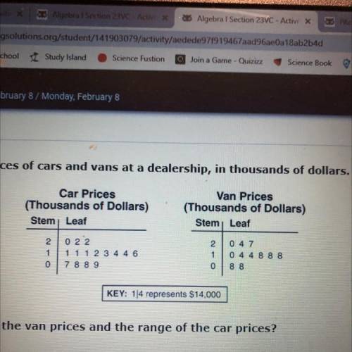 The stem-and-leaf plot below shows the prices of cars and vans at a dealership, in thousands of dol