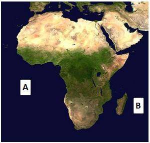 A satellite map of Africa with labels A and B. A is in the Atlantic Ocean. B is in the Indian Ocean