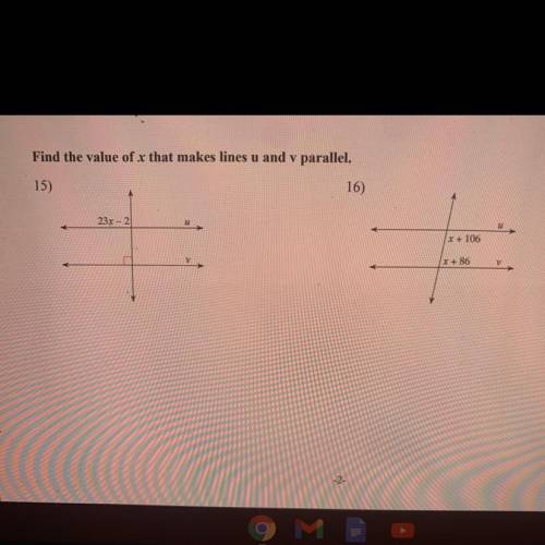 Find the value of x that makes lines u and v parallel, answer needed