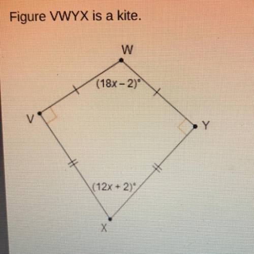 Figure VWYX is a kite.

What is the value of x?
w
03
06
(18x - 2)
O 10
Y
0 12
(12x+2)
Х