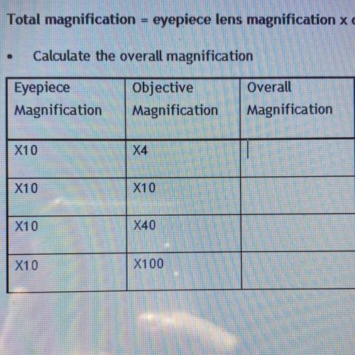 Eyepiece magnification(EM) X Objective magnification (OM)= Overall Magnification: