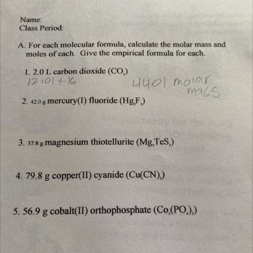 I need help in 1-5 I have to calculate molar mass and moles and give a empirical formula for each o