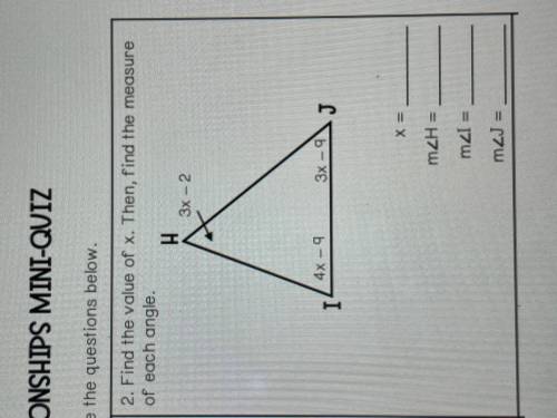 Please help! giving brainliest!! 
Find the value of x. Then, find the measure of each angle.
