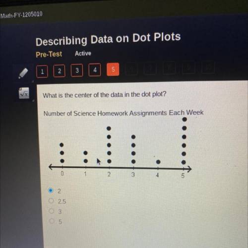 what is the center of the data in the dot plot? number of science homework assignments each week. I