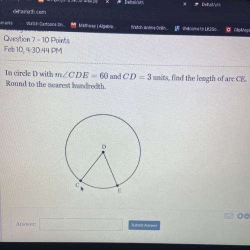 In circle D with m_CDE = 60 and CD= 3 units, find the length of arc CE.

Round to the nearest hund