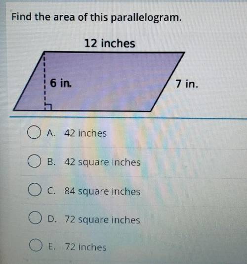 Find the area of this parallelogram. 12 inches 6 in. 7 in. ​