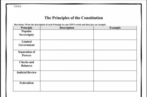 Need help asap!

The Principles of the Constitution
Directions: Write the description of each Prin
