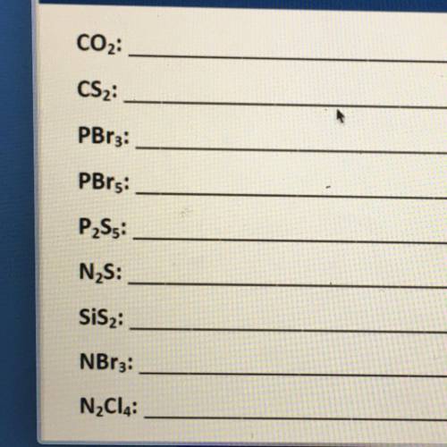Name the binary covalent compounds.

CO2:
CS2:
PBr3:
P2S5:
N2S:
SiS2:
NBr3:
N2Cl4