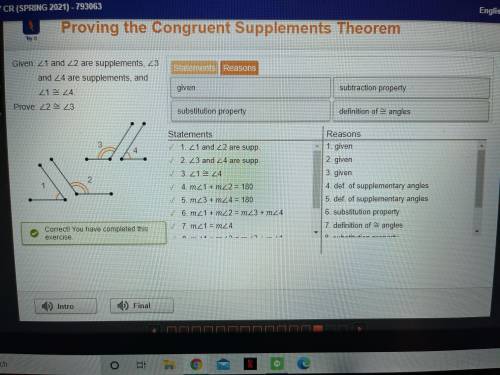 Proving the congruent supplements theorem given Angle1 and Angle2 are supplements, Angle3 and Angle