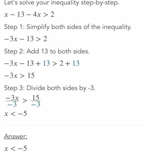 Solve the inequality: x - 13 - 4x > 2