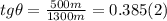 tg \theta = \frac{500m}{1300m} = 0.385  (2)