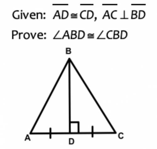 Given: AD is congruent to CD, AC is perpendicular to BD
Prove: