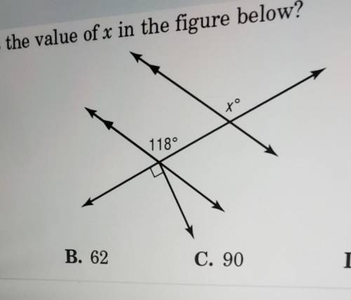 What is the value of x in the figure below? to 118° A. 28 B. 62 C. 90 D. 118​